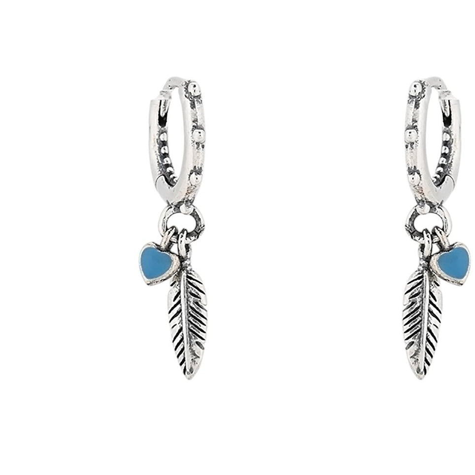 Pendientes de plata S925 con pluma y corazón azul colgante acabado plata - mbyou