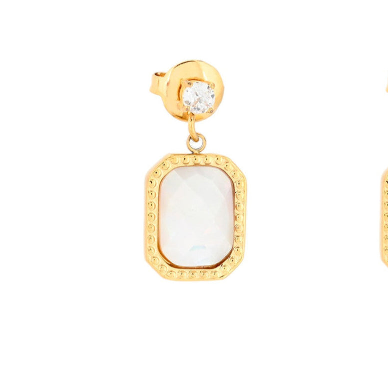 Pendientes de acero inoxidable con circonita pequeña y piedra natural nacarada blanca acabado oro - mbyou