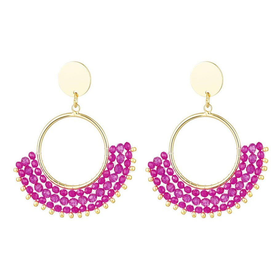 Pendientes de cobre y abalorios de cristal con forma de abanico en color fucsia y acabado dorado - mbyou