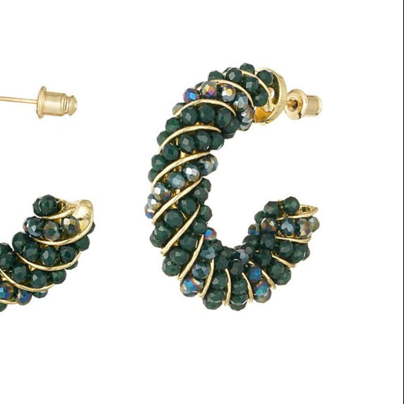 Pendientes de cobre en forma de aro con brillitos verdes en diferentes tonos y con acabado oro - mbyou