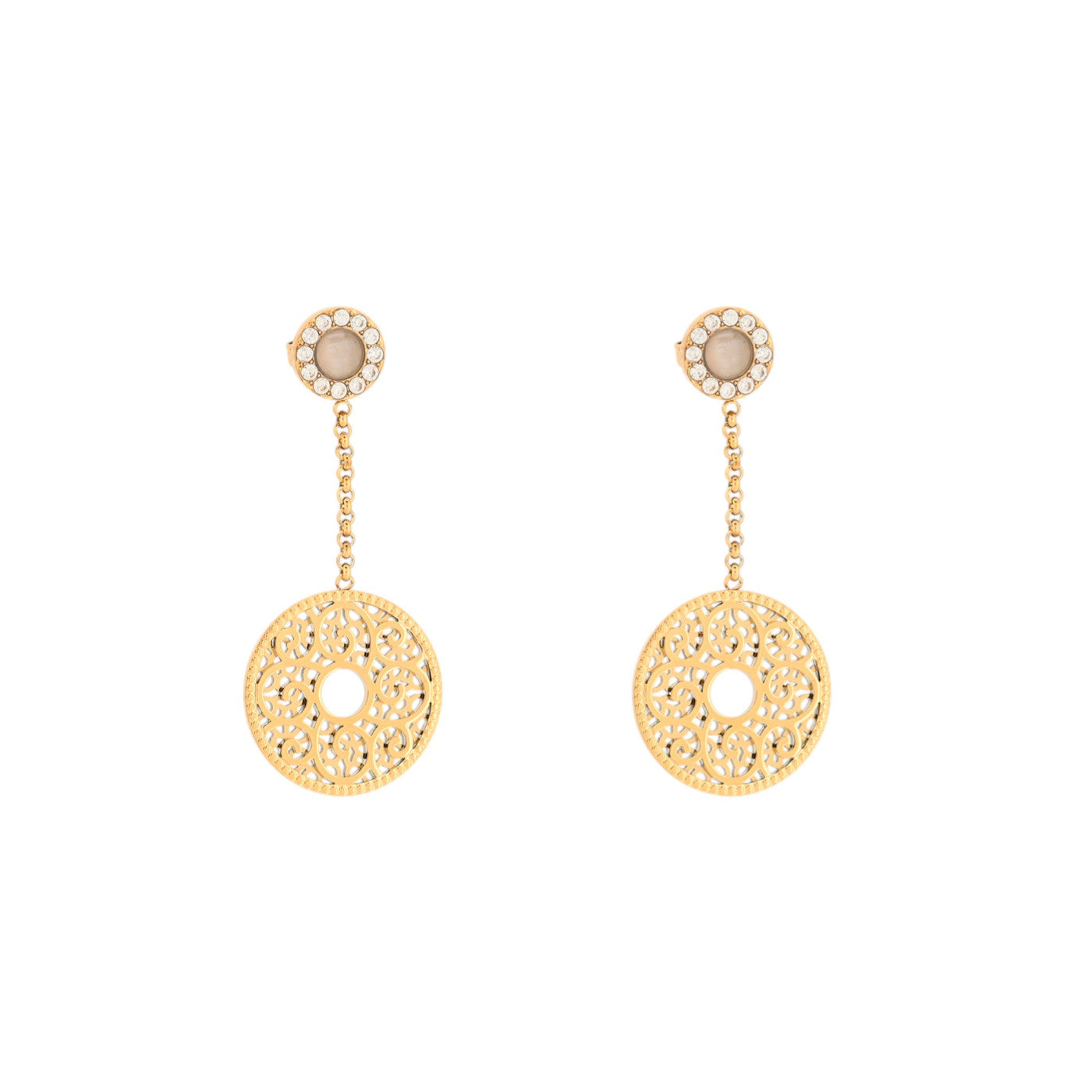 Pendientes acero largos redondos con diseño de filigrana, circonitas y piedra de cristal acabado acabado oro - mbyou