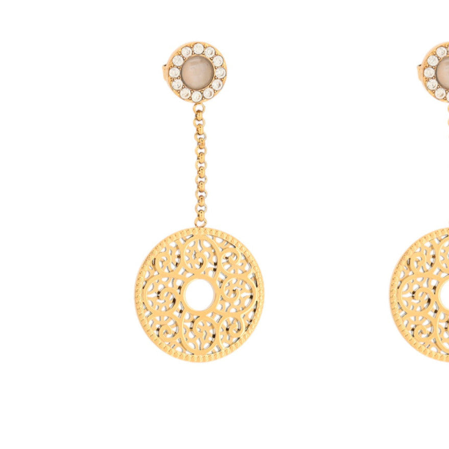 Pendientes acero largos redondos con diseño de filigrana, circonitas y piedra de cristal acabado acabado oro - mbyou