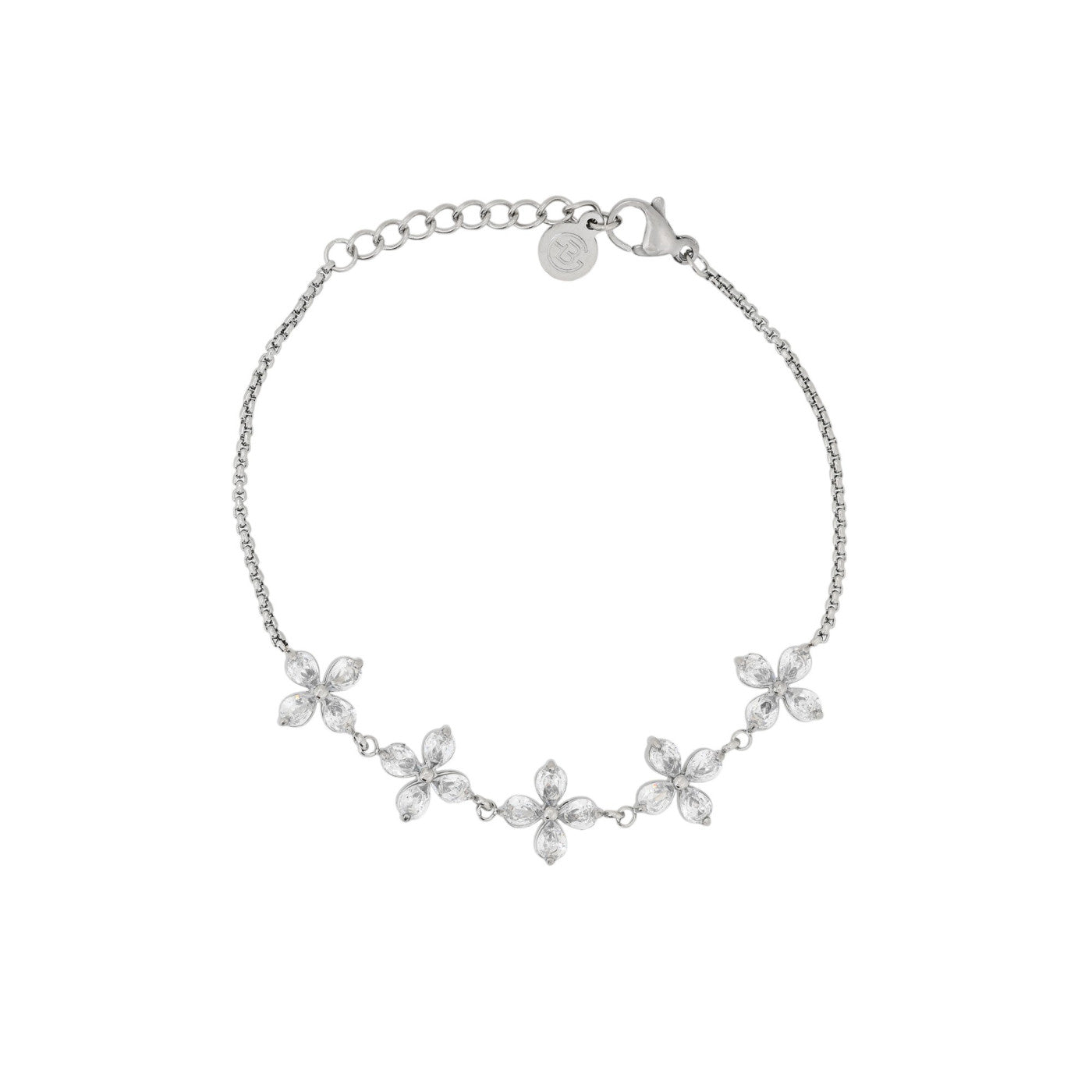 Pulsera de acero inoxidable con diseños florales de circonitas en cada pétalo acabado plata - mbyou