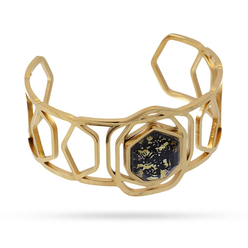 Pulsera de acero quirúrgico con forma geométrica con una piedra de textura de mármol en negro acabado oro - mbyou