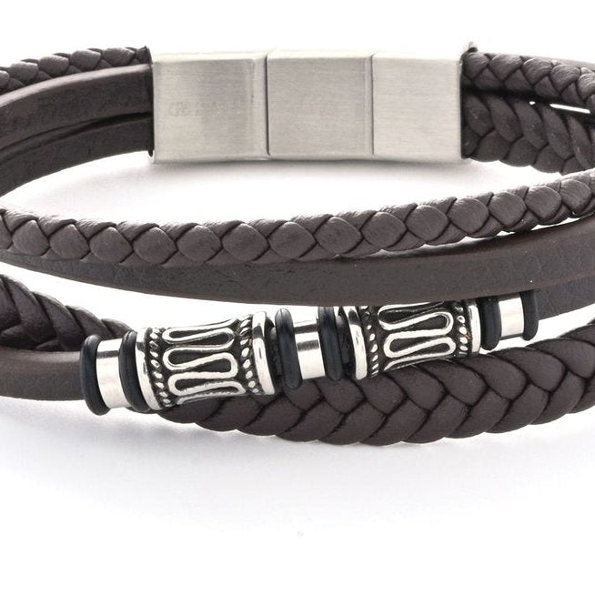Pulsera de hombre de acero inoxidable cuádruple con trenzado y detalle de acero geométrico color marrón - mbyou