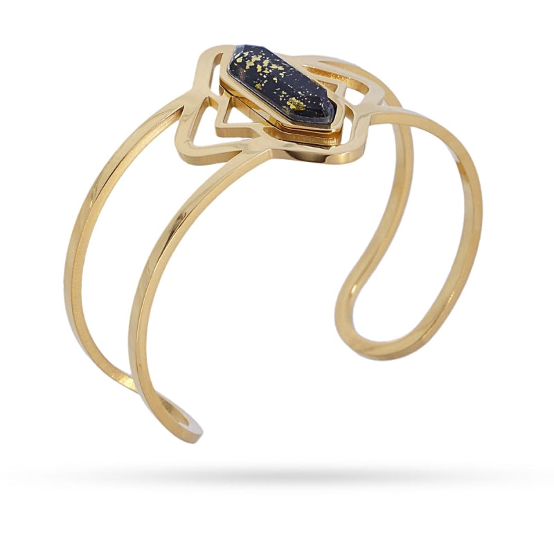 Pulsera brazalete de acero quirúrgico con piedra de textura mármol en negro acabado oro - mbyou