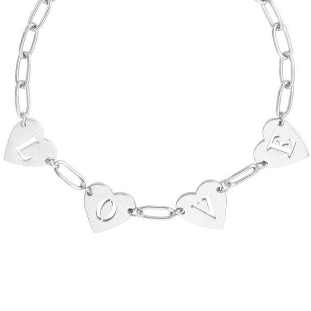 Pulsera de acero inoxidable de eslabones con corazones lisos grabados la palabra LOVE - mbyou