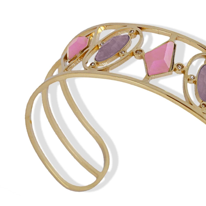 Pulsera brazalete de acero quirúrgico con piedras en tonos rosas, lilas y con circonitas acabado oro - mbyou