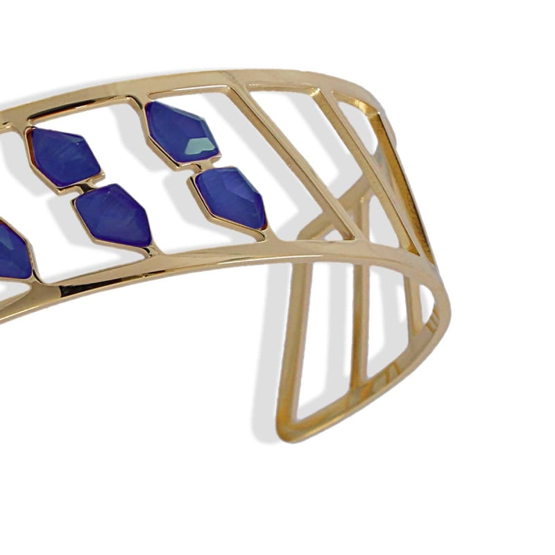Pulsera brazalete de acero quirúrgico con piedras de cristal en tonos azules acabado oro - mbyou