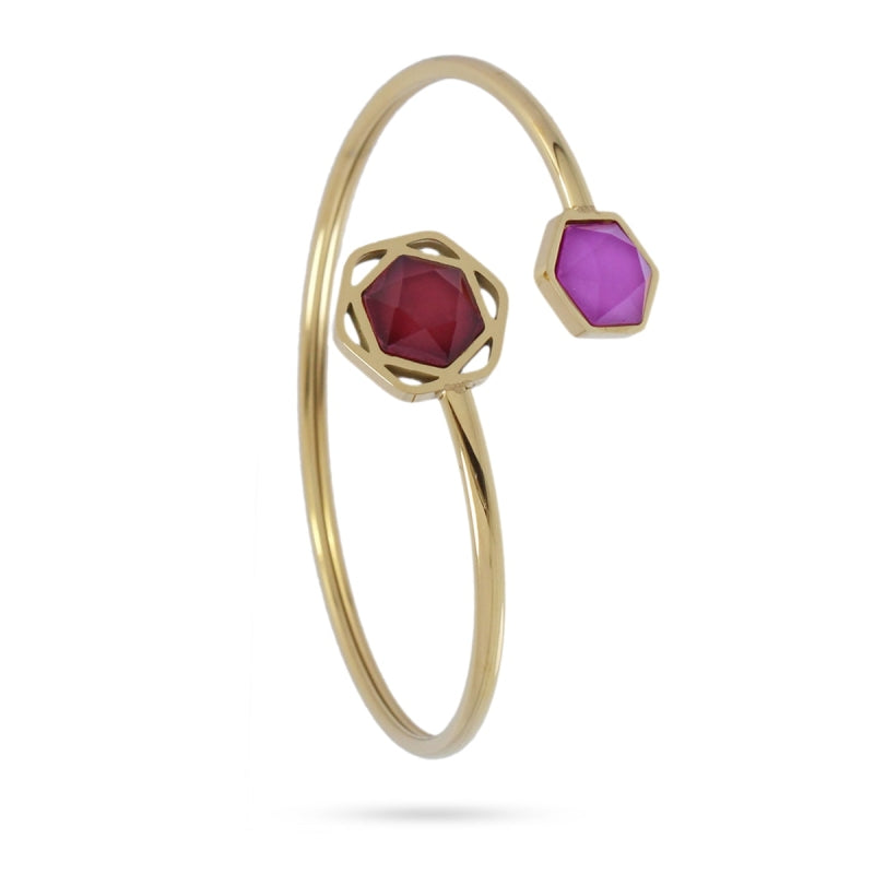 Pulsera de acero quirúrgico con piedra fucsia y burdeos acabado oro - mbyou