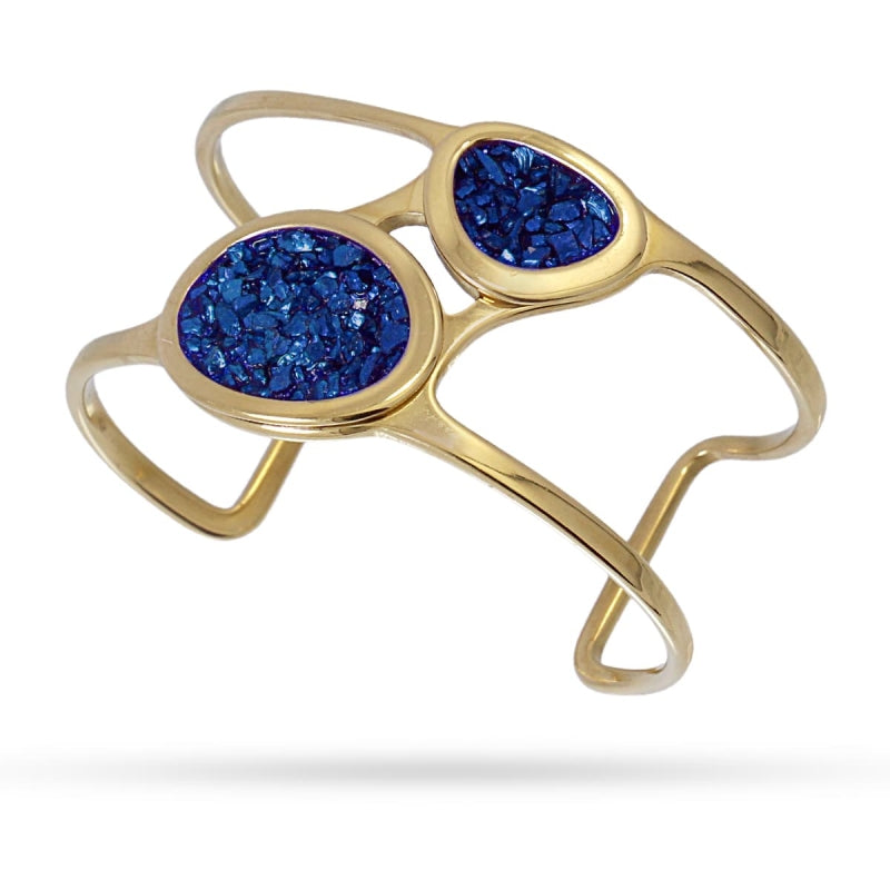 Pulsera brazalete de acero quirúrgico con dos drusas en tonos azules acabado oro - mbyou
