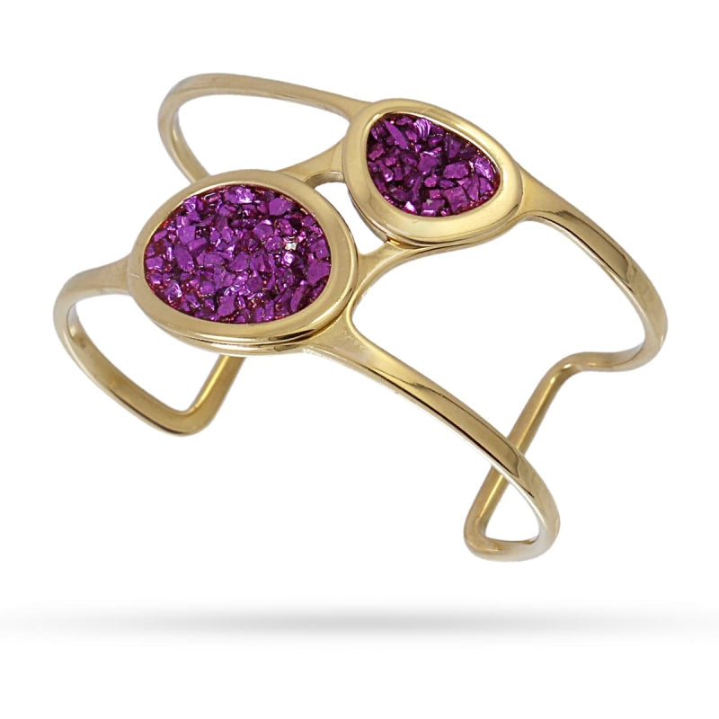 Pulsera brazalete de acero quirúrgico con dos drusas en tono fucsia acabado oro - mbyou