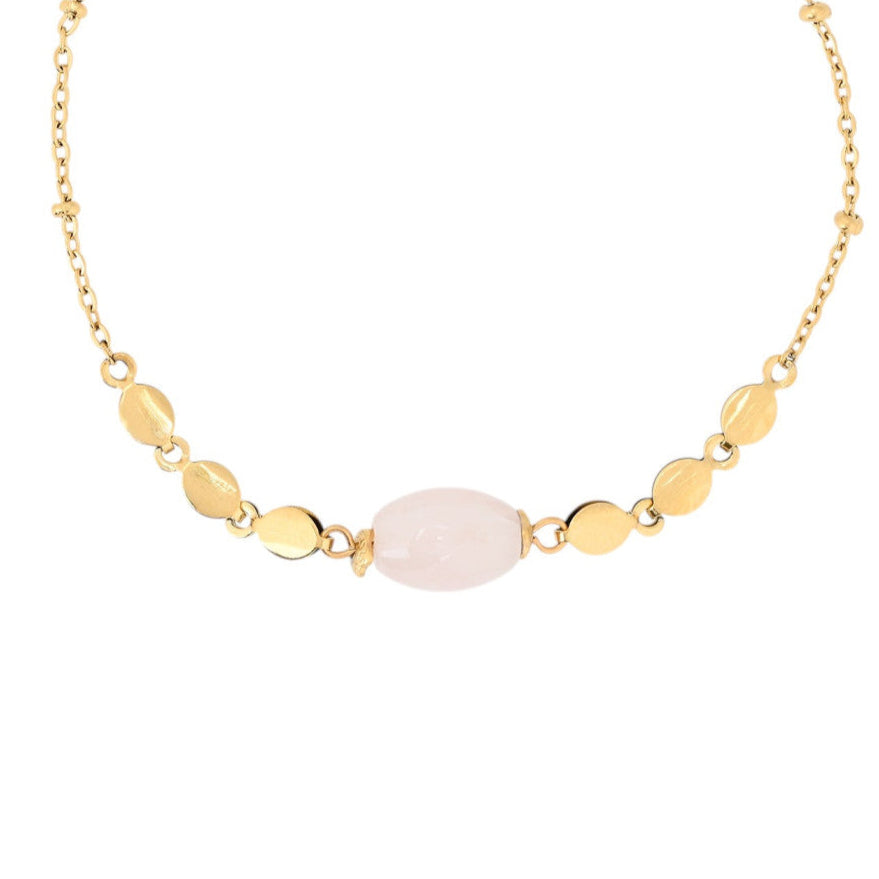 Pulsera de acero inoxidable con piedra redonda de color rosa acabada oro - mbyou