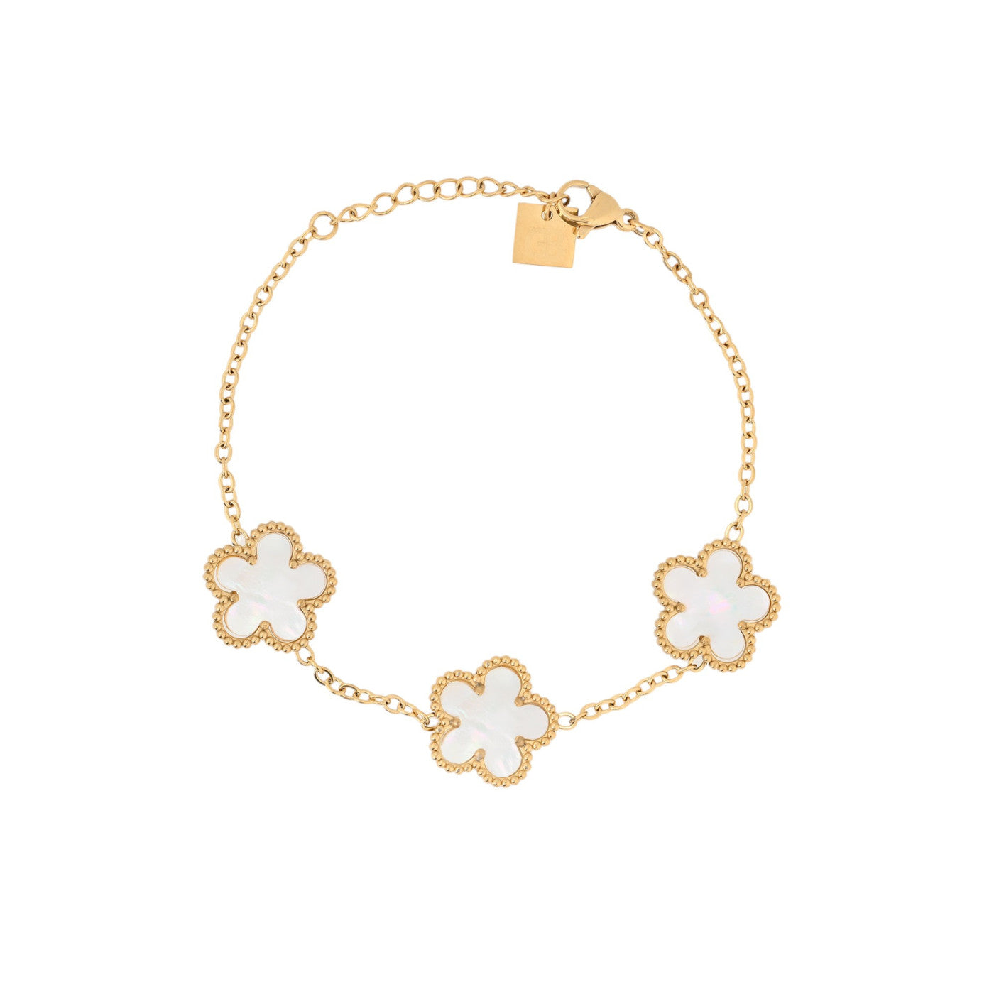 Pulsera de acero inoxidable con tréboles blancos de nácar acabado oro - mbyou