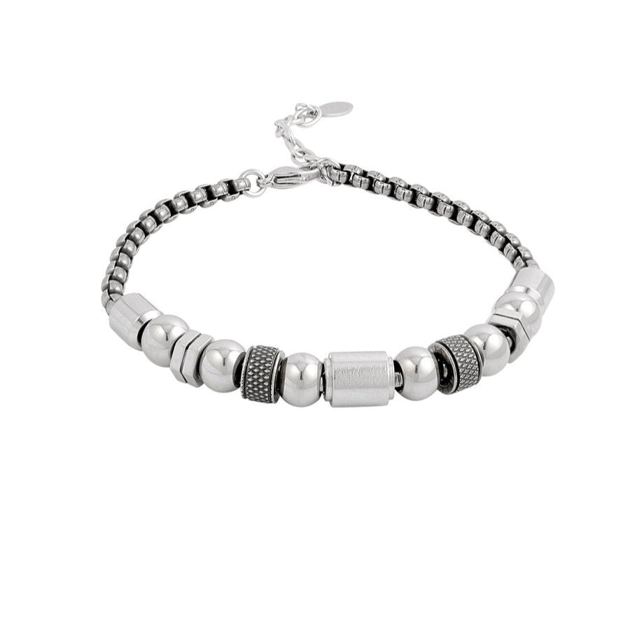 Pulsera de hombre con cuentas redondas y geométricas acabado plata - mbyou