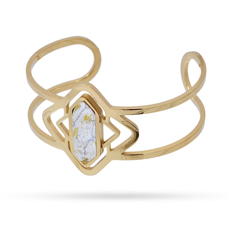Pulsera de acero quirúrgico con una piedra de textura mármol en blanco con acabado oro - mbyou