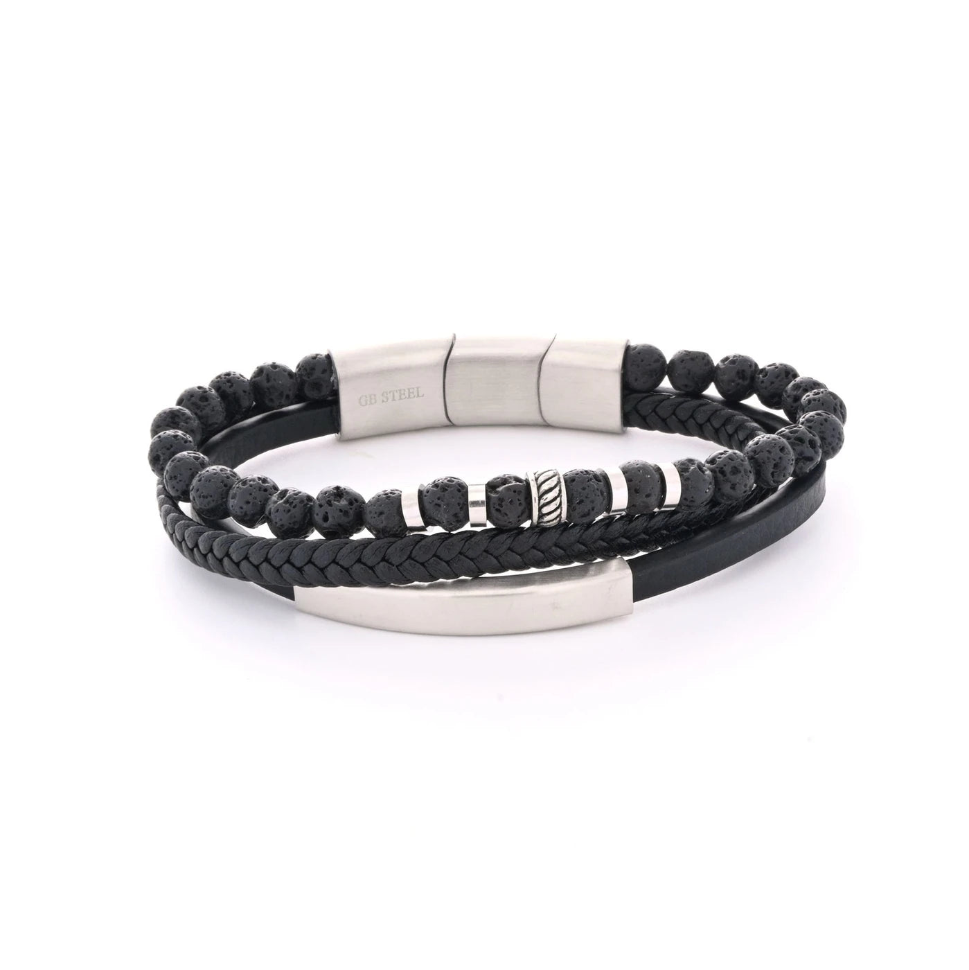Pulsera de hombre de acero inoxidable triple con detalles negros y plata y bolitas volcánicas - mbyou