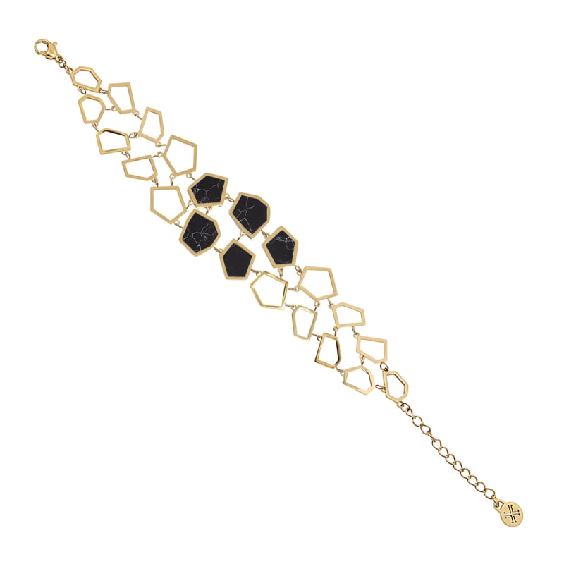 Pulsera de acero quirúrgico con dos tiras con diseño geométrico y con tres de ellos en acabado mármol en color negro acabado oro - mbyou