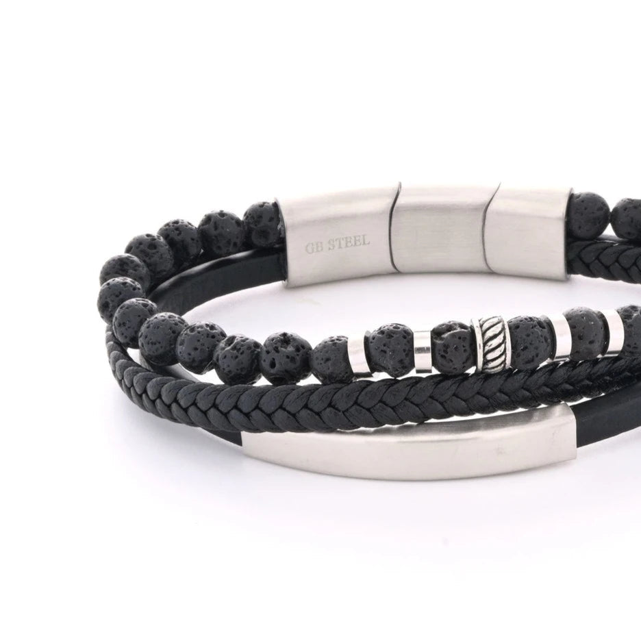 Pulsera de hombre de acero inoxidable triple con detalles negros y plata y bolitas volcánicas - mbyou
