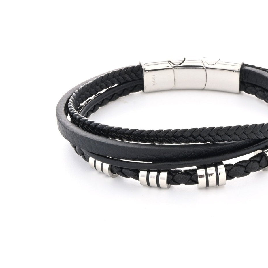 Pulsera hombre acero triple con detalle trenzado y ovales color plata