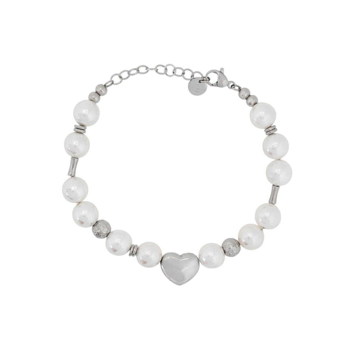 Pulsera de acero con perlas y corazón oro acabado plata - mbyou