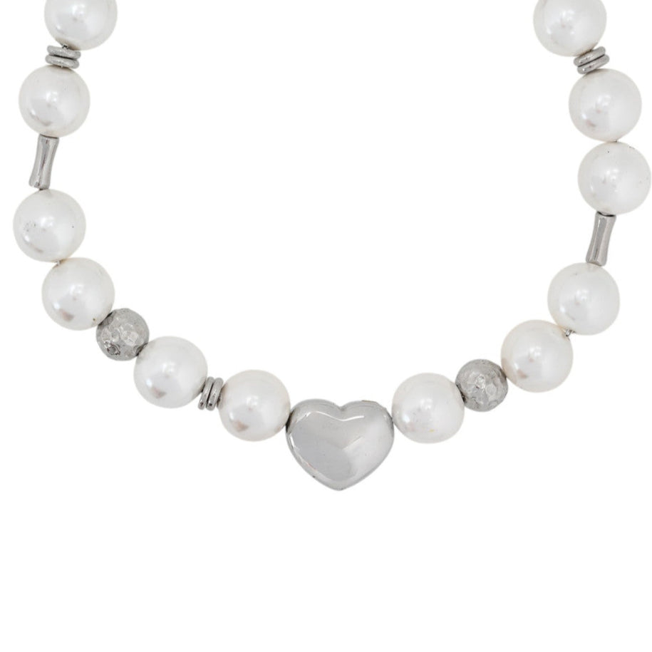 Pulsera de acero con perlas y corazón oro acabado plata - mbyou