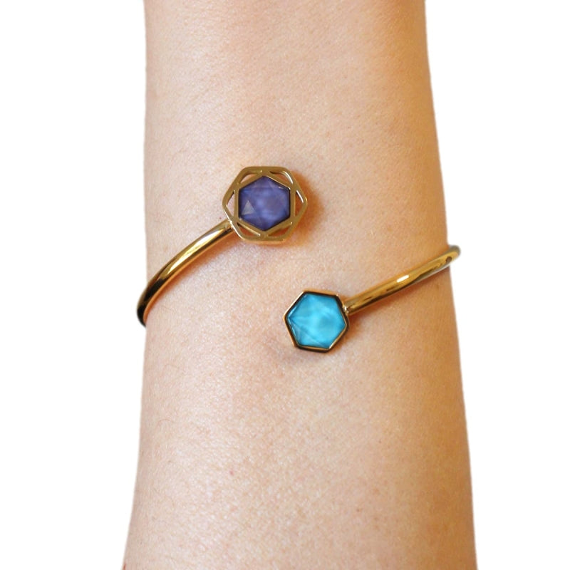 Pulsera de acero quirúrgico con piedra turquesa y azul acabado oro - mbyou
