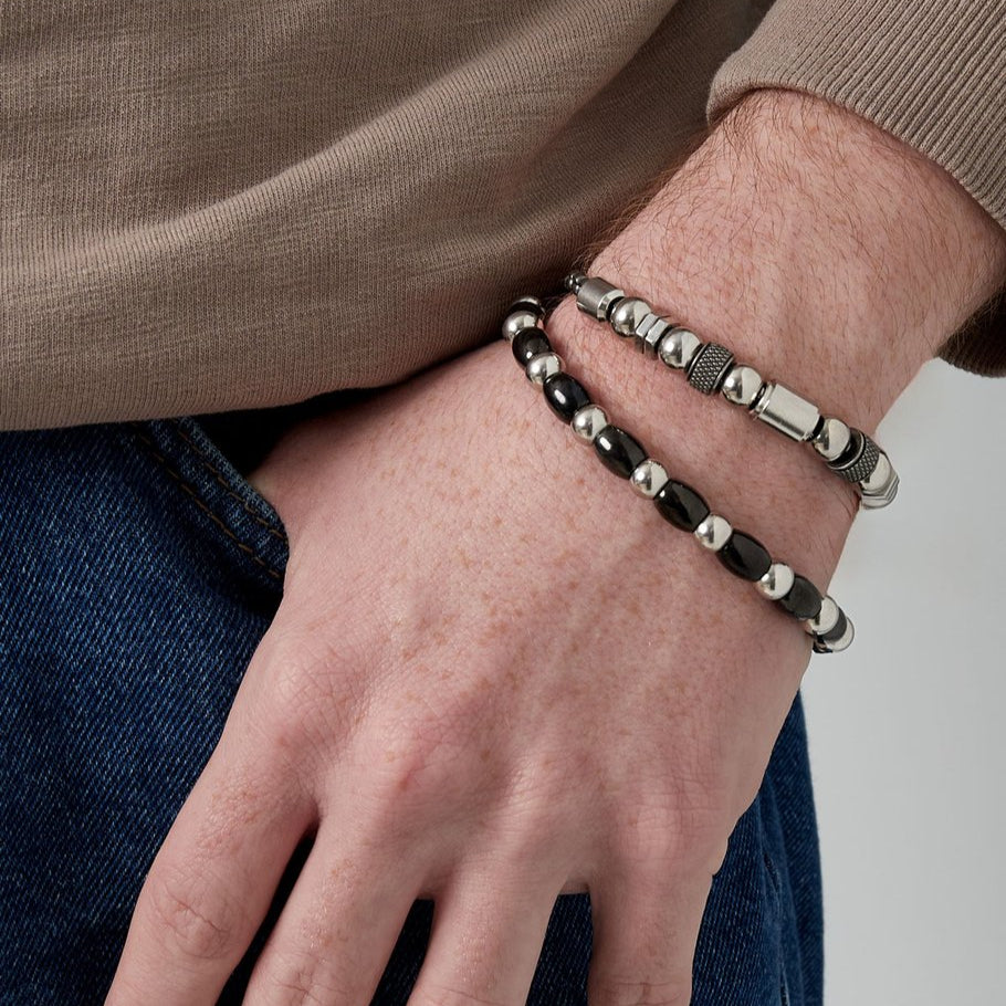 Pulsera de hombre con cuentas redondas y geométricas acabado plata - mbyou