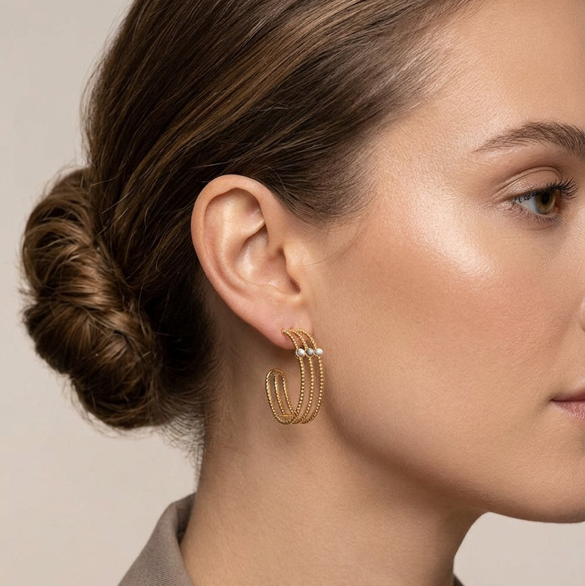 Pendientes acero aro triple blanco dorado piedras naturales