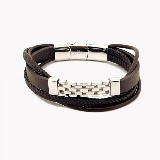 Pulsera hombre acero triple con detalle trenzado y geométrico color castaño