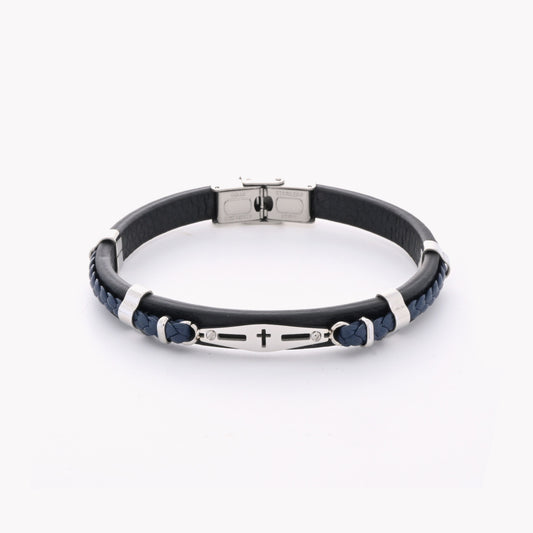 Pulsera de hombre de acero trenzada con cruz y detalle azul