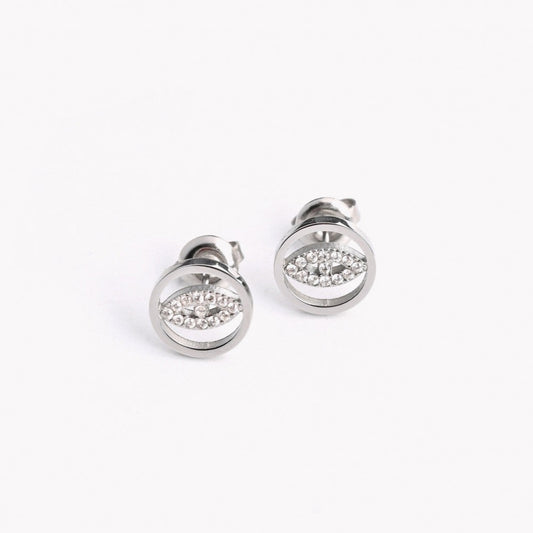 Stainless steel silver iris button earrings