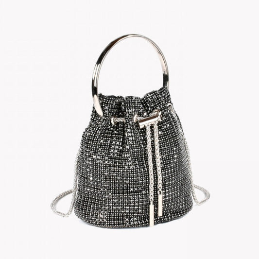 Bolso fiesta pochette redonda strass negro y plata