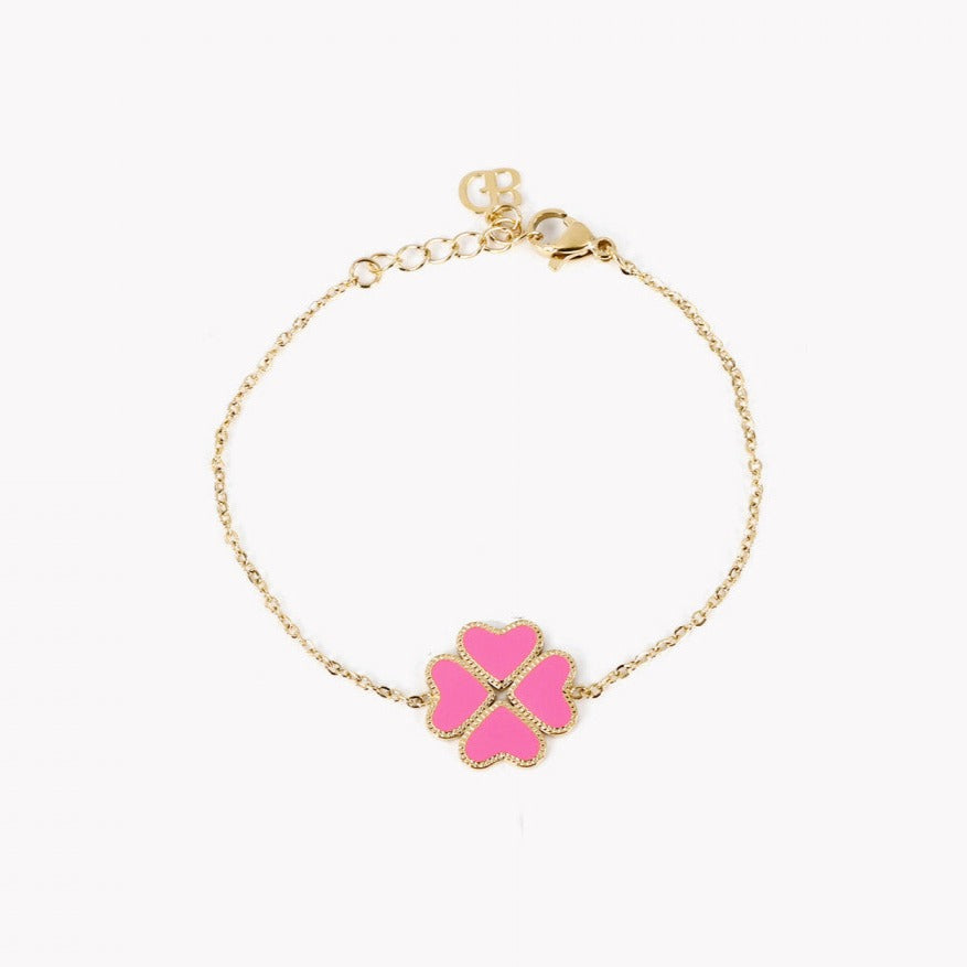 Clover and pink heart steel bracelet