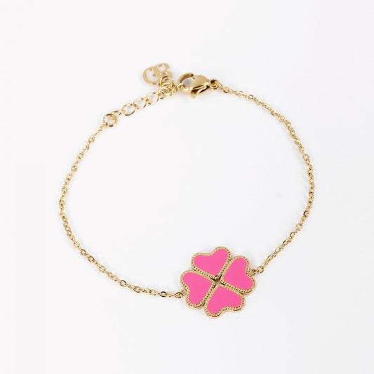 Clover and pink heart steel bracelet