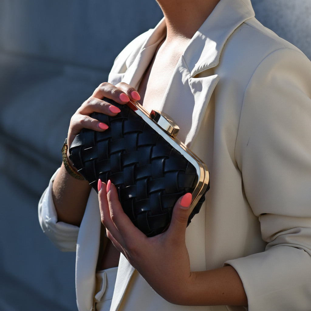 Bolso de mano clutch fiesta negro de raso con tiras cruzadas - Moments by You