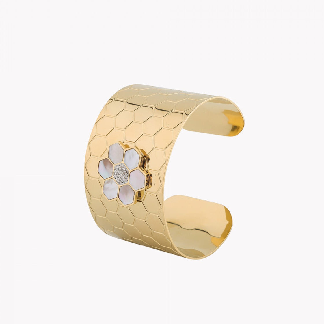 Brazalete acero con flor y detalle de hexágonos oro