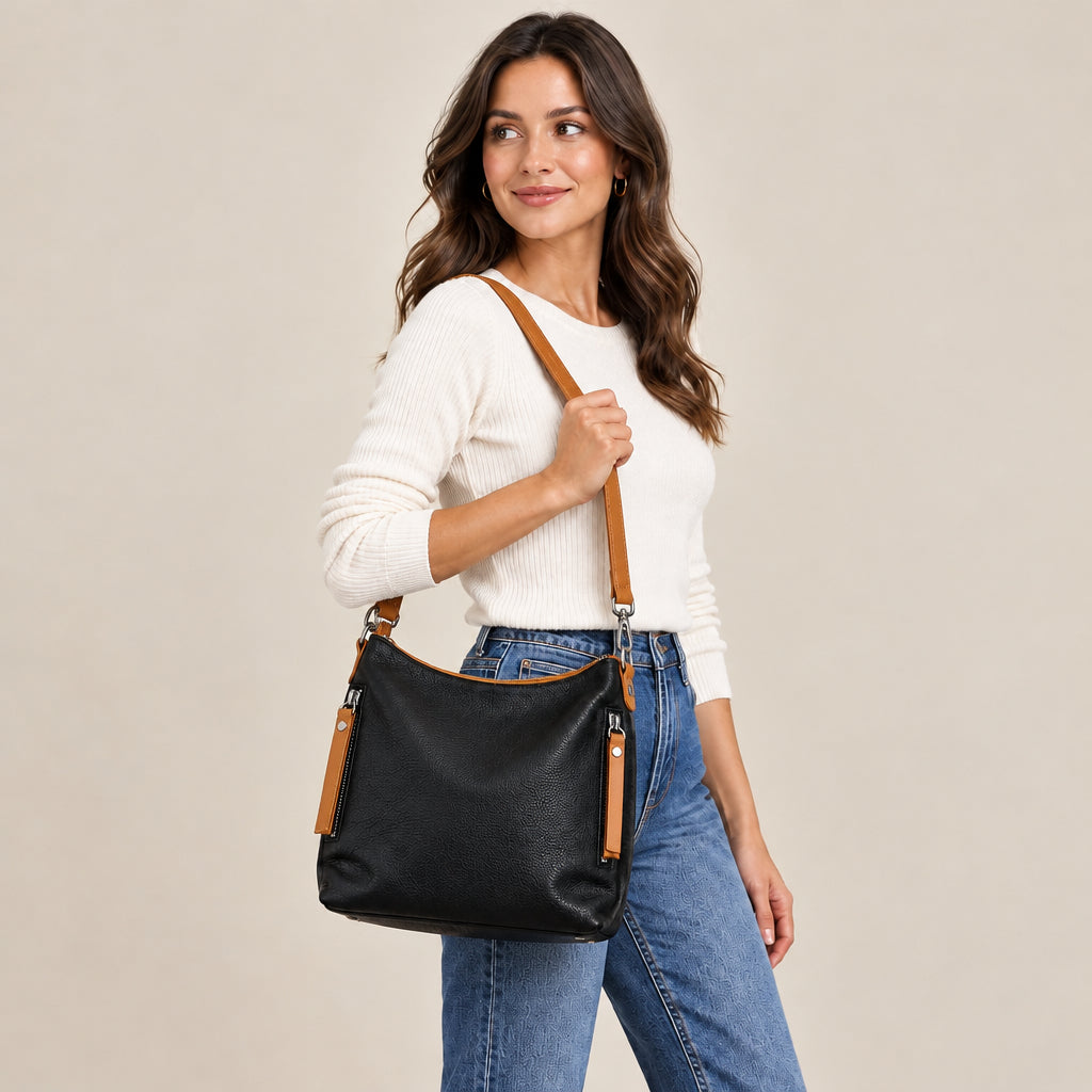 Bolso shopper piel 100% auténtica negro y camel combinado
