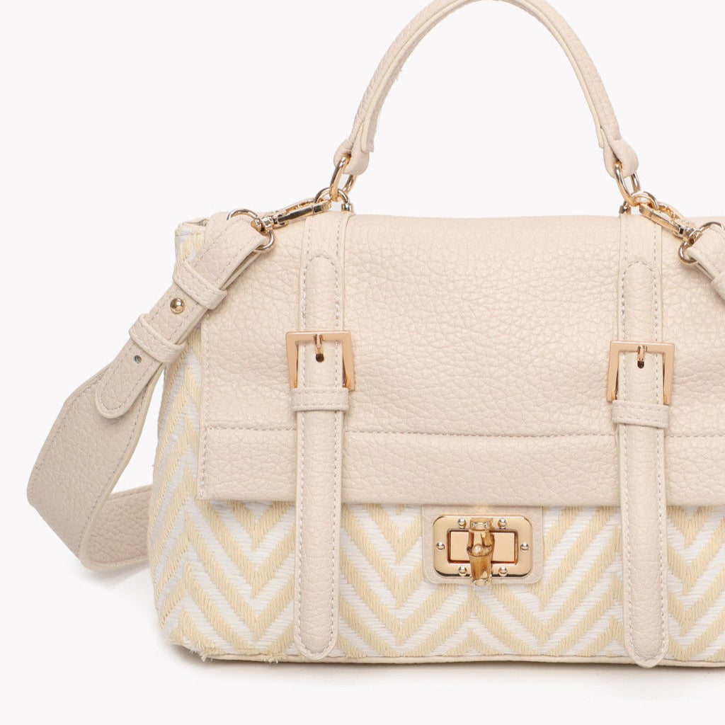 Bolso con asa y solapa de rayas beige