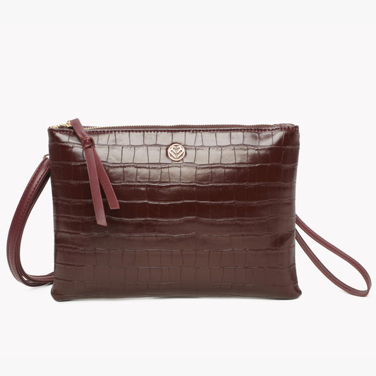 Bolso de hombro bandolera tipo clutch con textura de cocodrilo burdeos