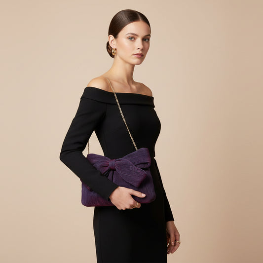 Bolso de fiesta tejido arrugado con lazo tipo limosnera púrpura - mbyou - Moments by You