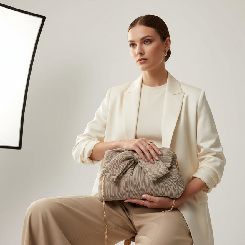 Bolso de fiesta tejido arrugado con lazo tipo limosnera beige/rosa nude - Moments by You