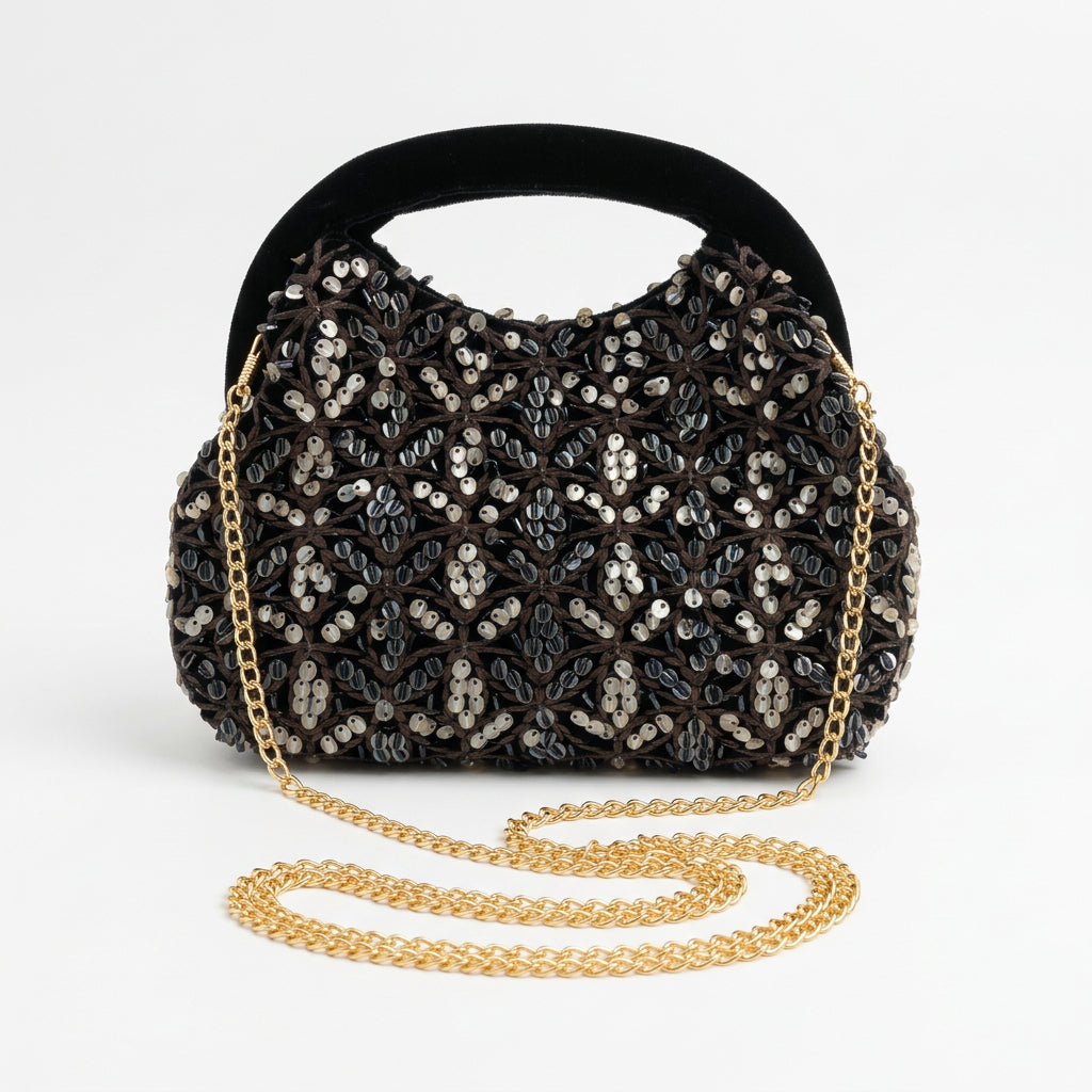 Bolso fiesta clutch ovalado de terciopelo con lentejuelas y patrón en negro