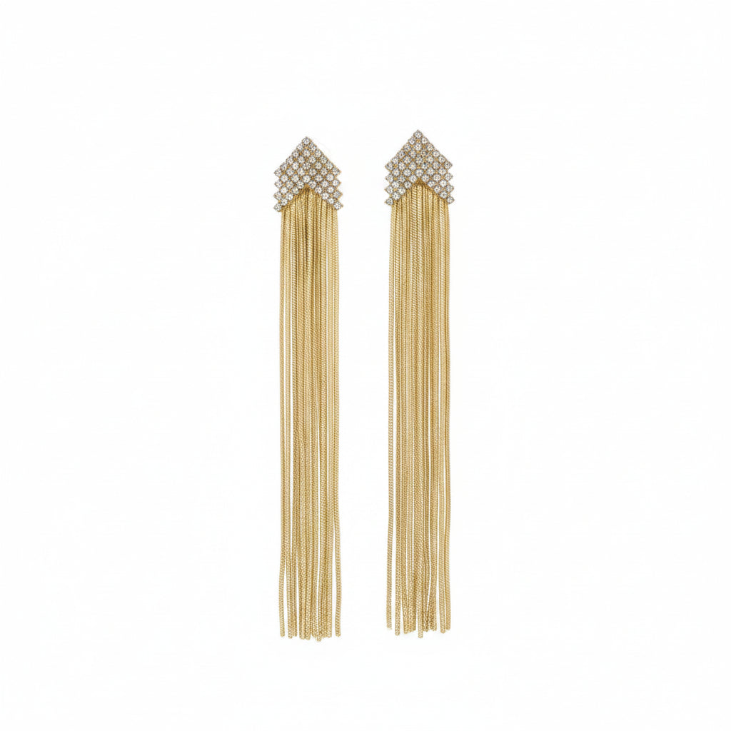 Pendientes largos cascada y circonitas en forma de flecha en acabado oro