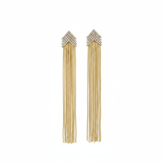 Pendientes largos cascada y circonitas en forma de flecha en acabado oro