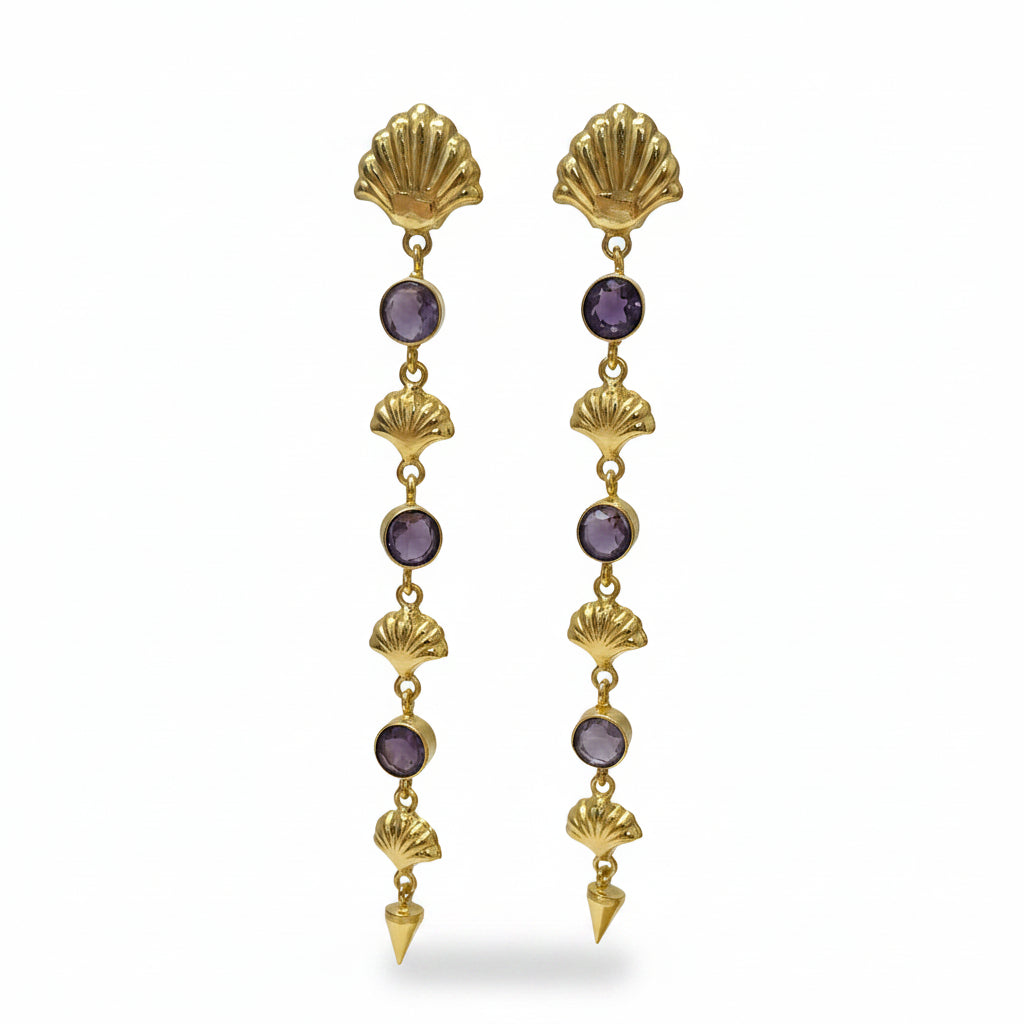 Pendientes de latón largos con piedras naturales y conchas acabado oro - Moments by You