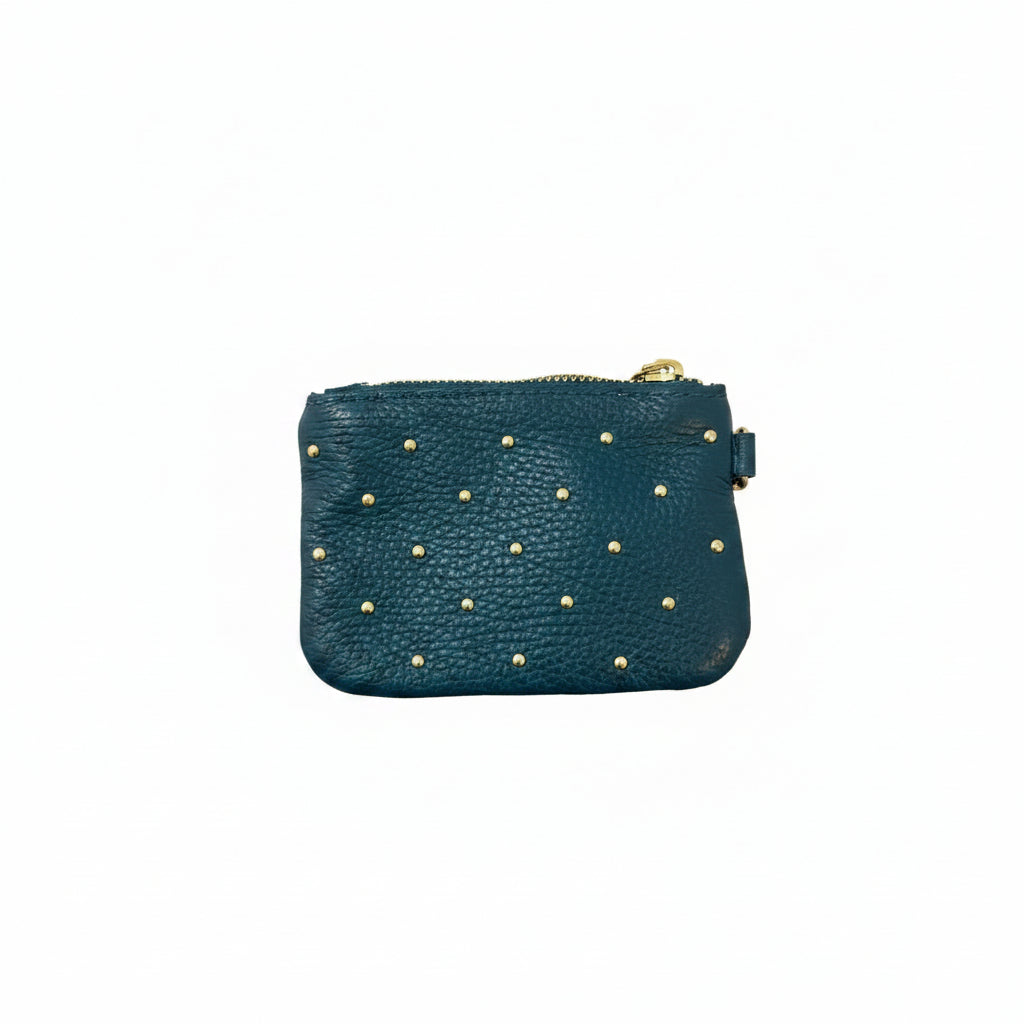 Monedero de piel 100% auténtica y diseño liso con tachuelas en acabado oro
