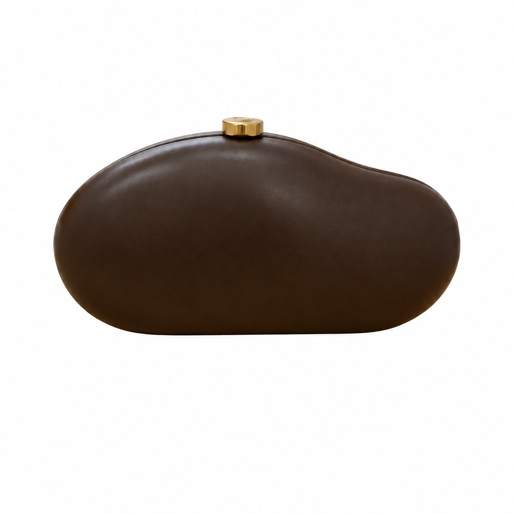 Bolso fiesta clutch con forma irregular oval chocolate y dorado