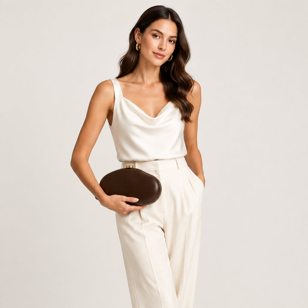 Bolso fiesta clutch con forma irregular oval chocolate y dorado