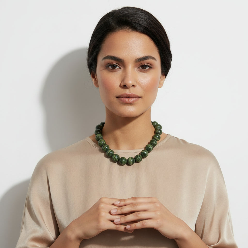 Collar acero con cuentas grandes en forma esféricas marmoladas en verde oscuro